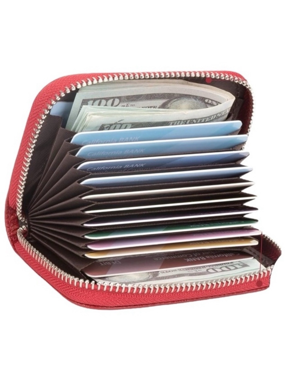 Red RFID Blocking Wallet Zip Around Credit Card Holder Case Size OS - Picture 3 of 7